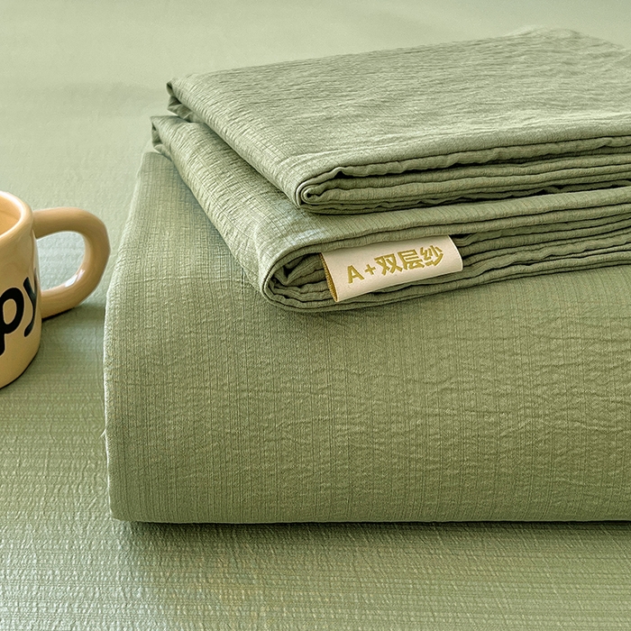 91家纺网 家纺一手货源 找家纺 卡迪熊家纺2025新款木m双层纱床单 抹茶绿
