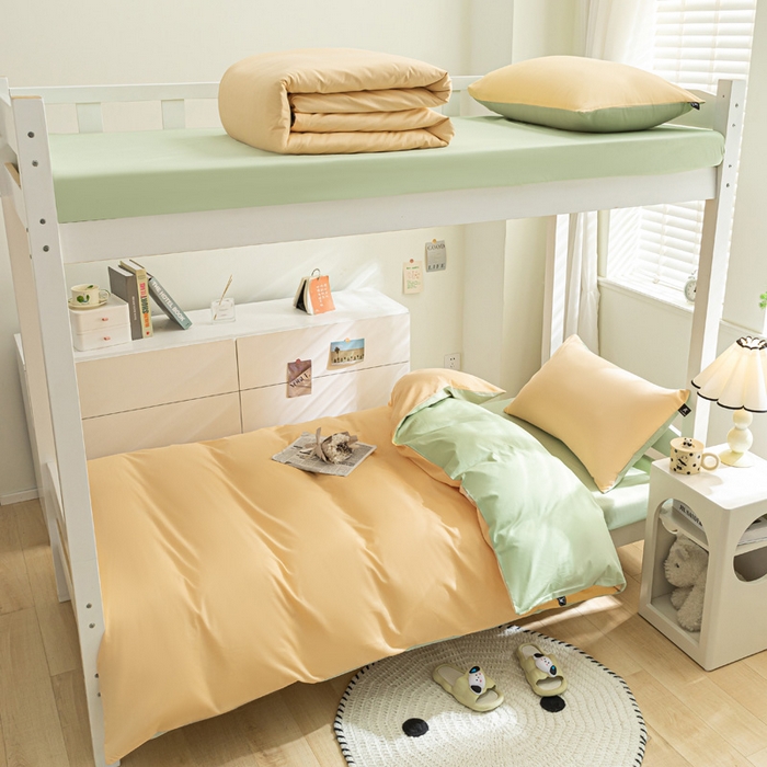 91家纺网 家纺一手货源 找家纺 涵宸家纺 2025新款全棉拼色纯色宿舍套件-米兰 米兰（浅黄+月光绿）