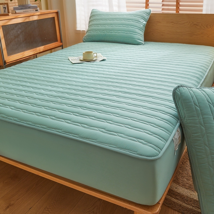 91家纺网 家纺一手货源 找家纺 雪云美2025新款全棉夹棉床笠斜纹A类纯棉床罩可定制尺寸 条纹- 绿色