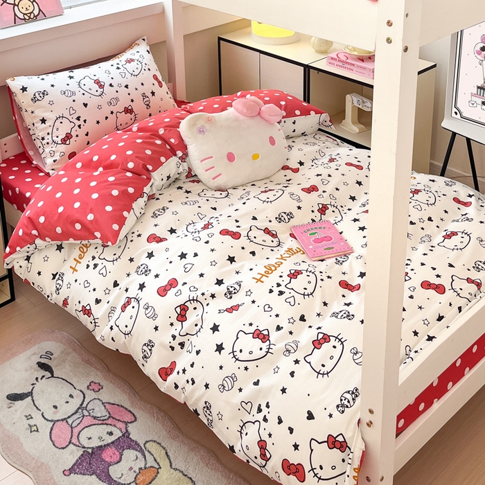 91家纺网 家纺一手货源 找家纺 暮思家居 2025新款三丽鸥授权全棉少女印花系列学生宿舍三件套四件套 糖果KT