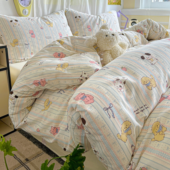 91家纺网 家纺一手货源 找家纺 耀悦家纺 2025新款13070全棉印花四件套 蓝条萌宠趴