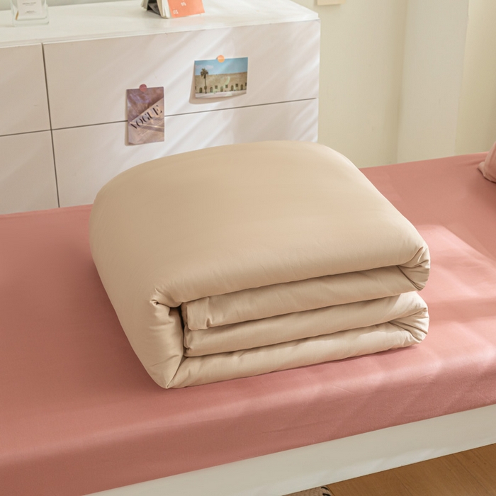 91家纺网 家纺一手货源 找家纺 涵宸家纺 2025新款全棉拼色纯色宿舍套件-米兰 米兰（杏色+豆其）