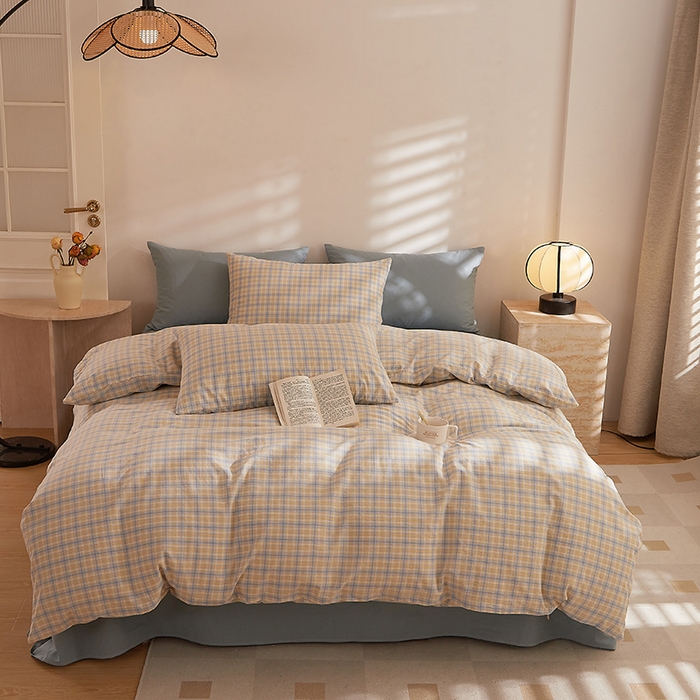 91家纺网 家纺一手货源 找家纺 DoDo 兜兜 2025新款全棉纯棉水洗棉四件套【可定做尺寸】 麦田-灰蓝