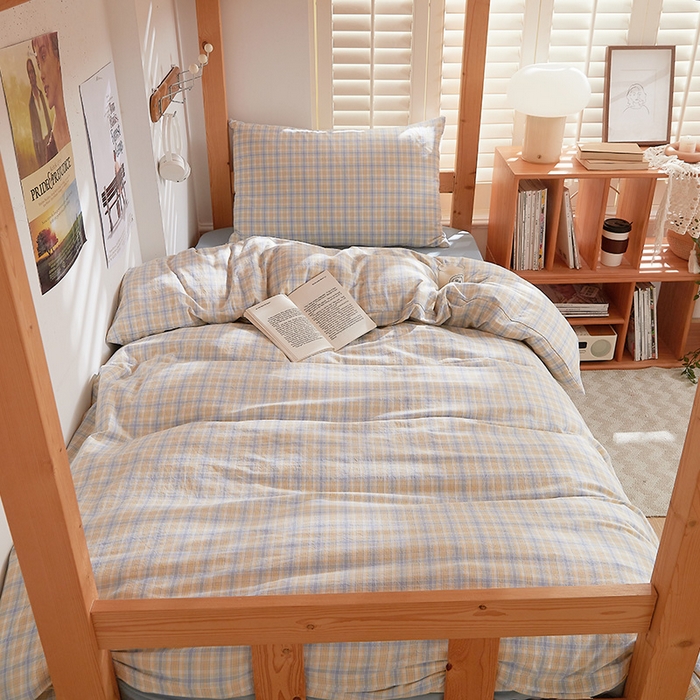 91家纺网 家纺一手货源 找家纺 DoDo 兜兜 2025新款全棉纯棉水洗棉学生三件套【可定做尺寸】    麦田-灰蓝