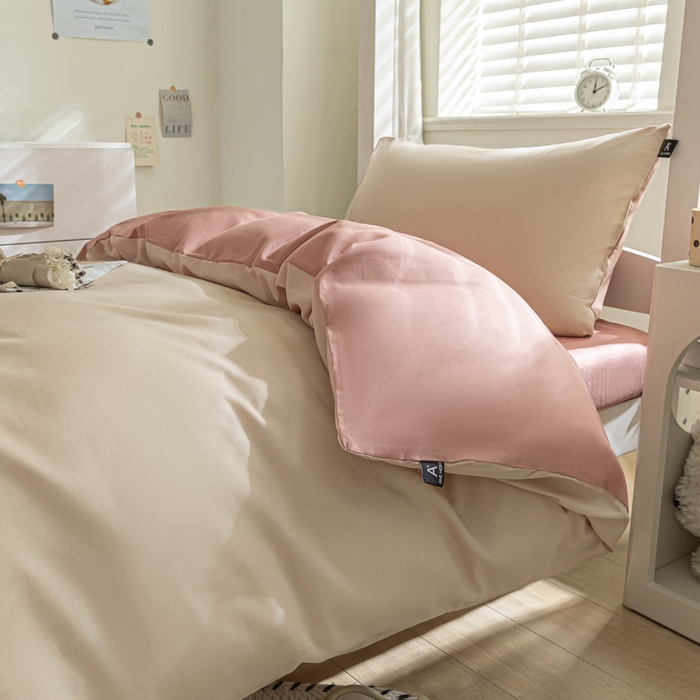 91家纺网 家纺一手货源 找家纺 涵宸家纺 2025新款全棉拼色纯色宿舍套件-米兰 米兰（杏色+豆其）