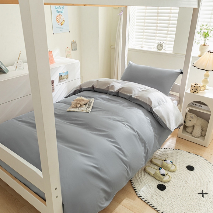 91家纺网 家纺一手货源 找家纺 涵宸家纺 2025新款全棉拼色纯色宿舍套件-米兰 米兰（银灰+梧桐灰）