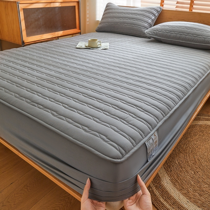 91家纺网 家纺一手货源 找家纺 雪云美2025新款全棉夹棉床笠斜纹A类纯棉床罩可定制尺寸 条纹- 灰色