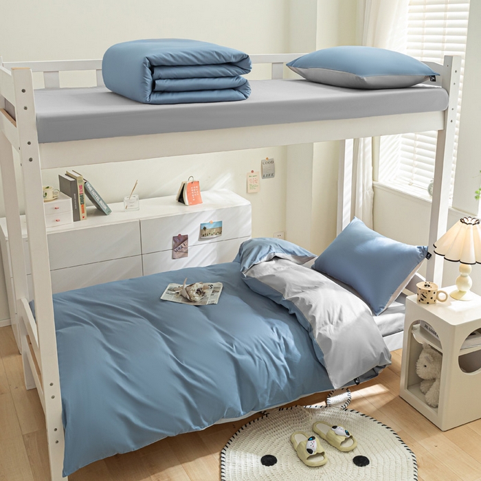 91家纺网 家纺一手货源 找家纺 涵宸家纺 2025新款全棉拼色纯色宿舍套件-米兰 米兰（湖兰+梧桐灰）