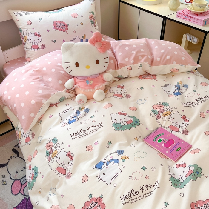 91家纺网 家纺一手货源 找家纺 暮思家居 2025新款三丽鸥授权全棉少女印花系列学生宿舍三件套四件套 甜心KT