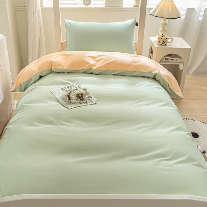 91家纺网 家纺一手货源 找家纺 涵宸家纺 2025新款全棉拼色纯色宿舍套件-米兰 米兰（月光绿+浅黄）