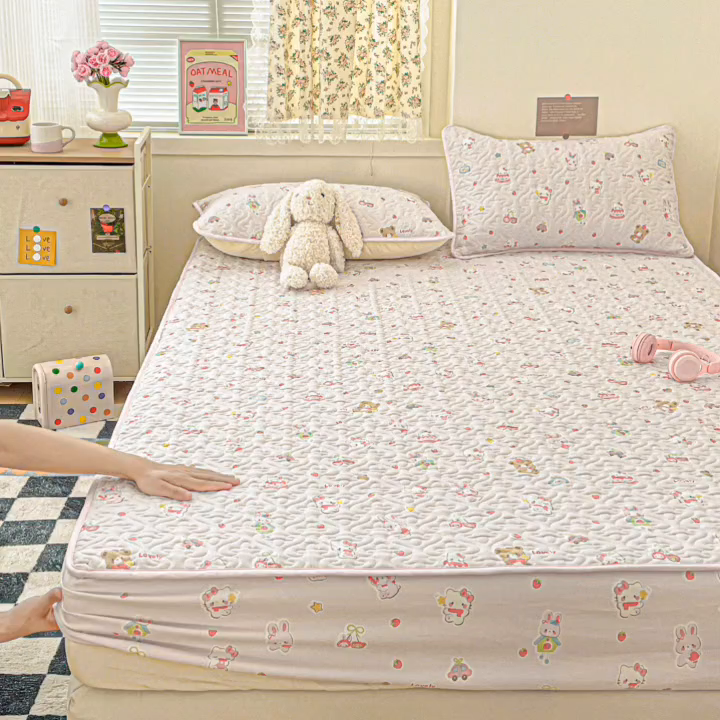 91家纺网 家纺一手货源 找家纺 悦织湾家纺 2025新款小清新印花四季通用床笠非全棉学生宿舍床笠二三件套 软糖猫