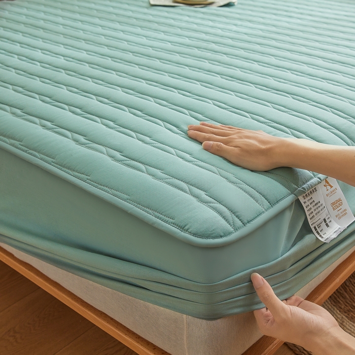 91家纺网 家纺一手货源 找家纺 雪云美2025新款全棉夹棉床笠斜纹A类纯棉床罩可定制尺寸 条纹- 绿色