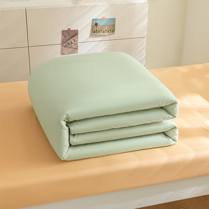 91家纺网 家纺一手货源 找家纺 涵宸家纺 2025新款全棉拼色纯色宿舍套件-米兰 米兰（月光绿+浅黄）