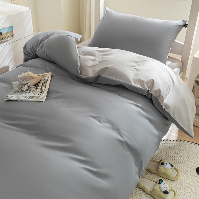 91家纺网 家纺一手货源 找家纺 涵宸家纺 2025新款全棉拼色纯色宿舍套件-米兰 米兰（银灰+梧桐灰）