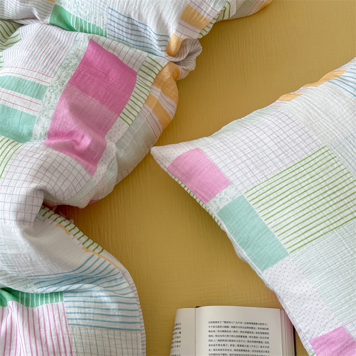91家纺网 家纺一手货源 找家纺 山舍家居 2025新款母婴级全棉双层皱皱纱四件套 玫莓芭乐-黄