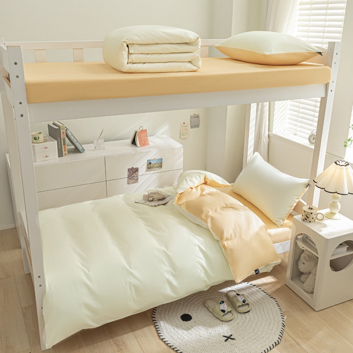 91家纺网 家纺一手货源 找家纺 涵宸家纺 2025新款全棉拼色纯色宿舍套件-米兰 米兰（奶白+浅黄）