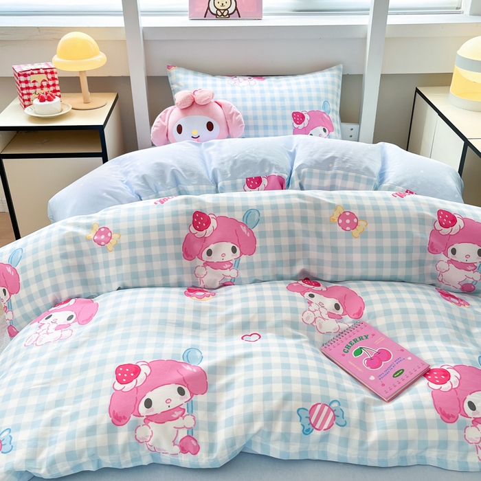 91家纺网 家纺一手货源 找家纺 暮思家居 2025新款三丽鸥授权全棉少女印花系列学生宿舍三件套四件套 蓝格美乐蒂