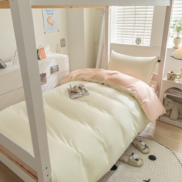 91家纺网 家纺一手货源 找家纺 涵宸家纺 2025新款全棉拼色纯色宿舍套件-米兰 米兰（奶白+烟粉）