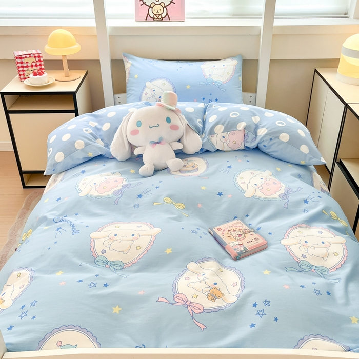 91家纺网 家纺一手货源 找家纺 暮思家居 2025新款三丽鸥授权全棉少女印花系列学生宿舍三件套四件套 蓝色玉桂狗