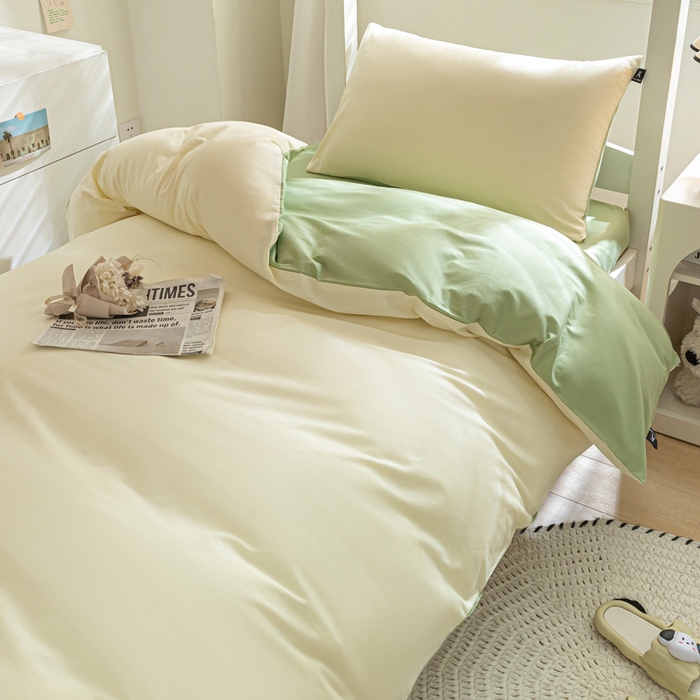 91家纺网 家纺一手货源 找家纺 涵宸家纺 2025新款全棉拼色纯色宿舍套件-米兰 米兰（奶白+月光绿）