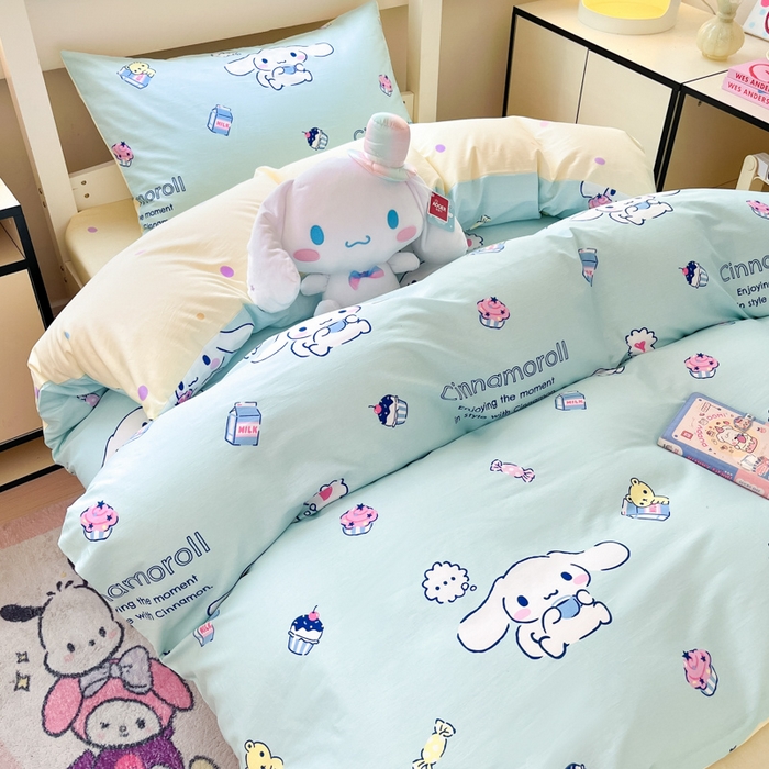 91家纺网 家纺一手货源 找家纺 暮思家居 2025新款三丽鸥授权全棉少女印花系列学生宿舍三件套四件套 奶牛大耳狗