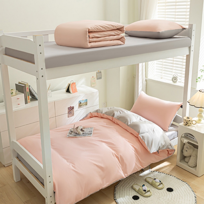 91家纺网 家纺一手货源 找家纺 涵宸家纺 2025新款全棉拼色纯色宿舍套件-米兰 米兰（烟粉-梧桐灰）