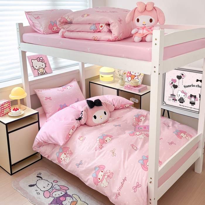 91家纺网 家纺一手货源 找家纺 暮思家居 2025新款三丽鸥授权全棉少女印花系列学生宿舍三件套四件套 蝴蝶结美乐蒂