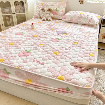 九亭家纺 2025新款A类全棉夹棉防水床笠 防水款-水蜜桃粉