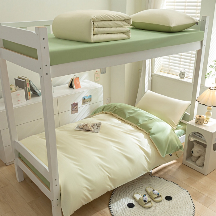 91家纺网 家纺一手货源 找家纺 涵宸家纺 2025新款全棉拼色纯色宿舍套件-米兰 米兰（奶白+月光绿）