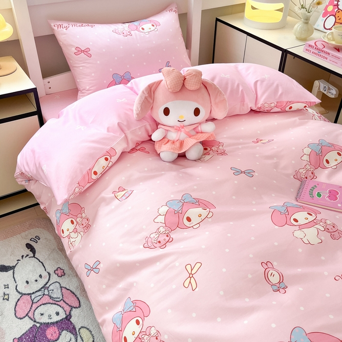 91家纺网 家纺一手货源 找家纺 暮思家居 2025新款三丽鸥授权全棉少女印花系列学生宿舍三件套四件套 蝴蝶结美乐蒂