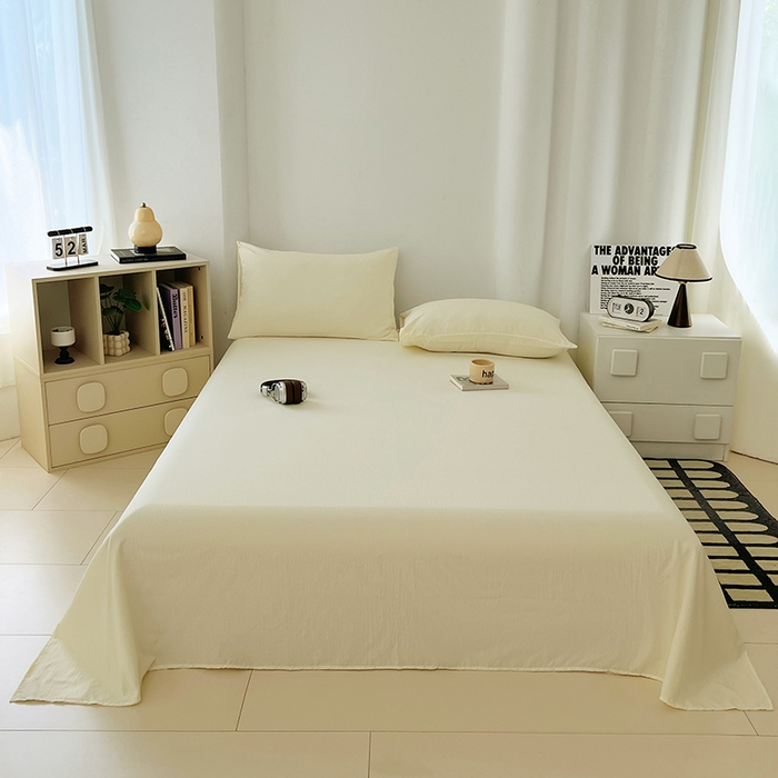 91家纺网 家纺一手货源 找家纺 卡迪熊家纺2025新款木m双层纱床单 月牙黄