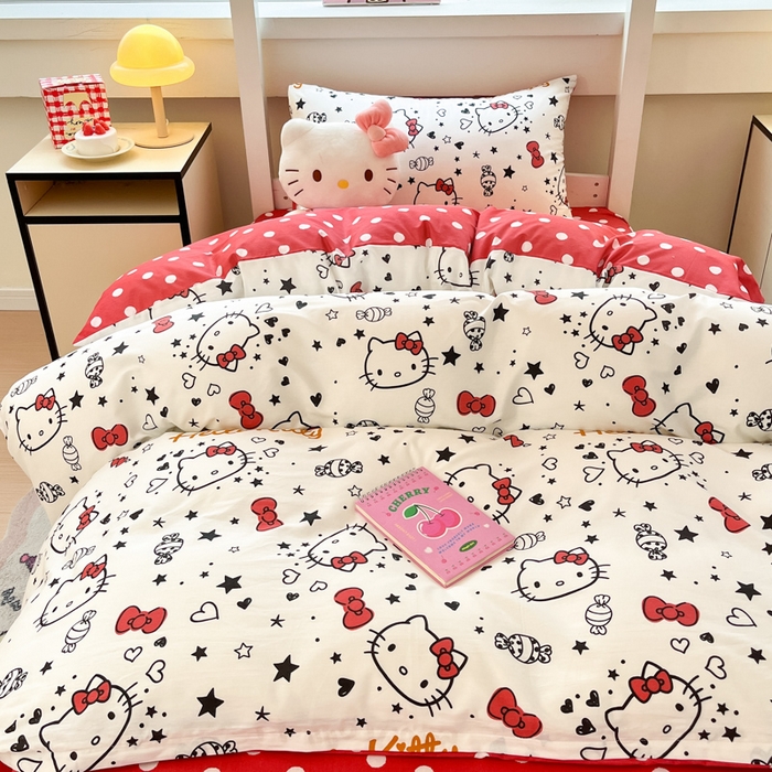 91家纺网 家纺一手货源 找家纺 暮思家居 2025新款三丽鸥授权全棉少女印花系列学生宿舍三件套四件套 糖果KT