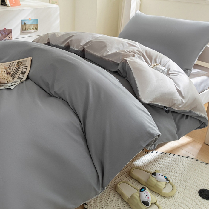 91家纺网 家纺一手货源 找家纺 涵宸家纺 2025新款全棉拼色纯色宿舍套件-米兰 米兰（银灰+梧桐灰）