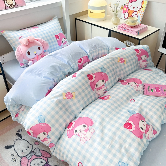 91家纺网 家纺一手货源 找家纺 暮思家居 2025新款三丽鸥授权全棉少女印花系列学生宿舍三件套四件套 蓝格美乐蒂