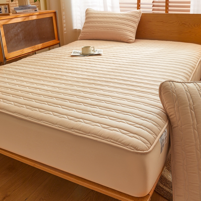 91家纺网 家纺一手货源 找家纺 雪云美2025新款全棉夹棉床笠斜纹A类纯棉床罩可定制尺寸 条纹- 驼色