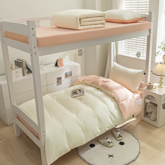 91家纺网 家纺一手货源 找家纺 涵宸家纺 2025新款全棉拼色纯色宿舍套件-米兰 米兰（奶白+烟粉）