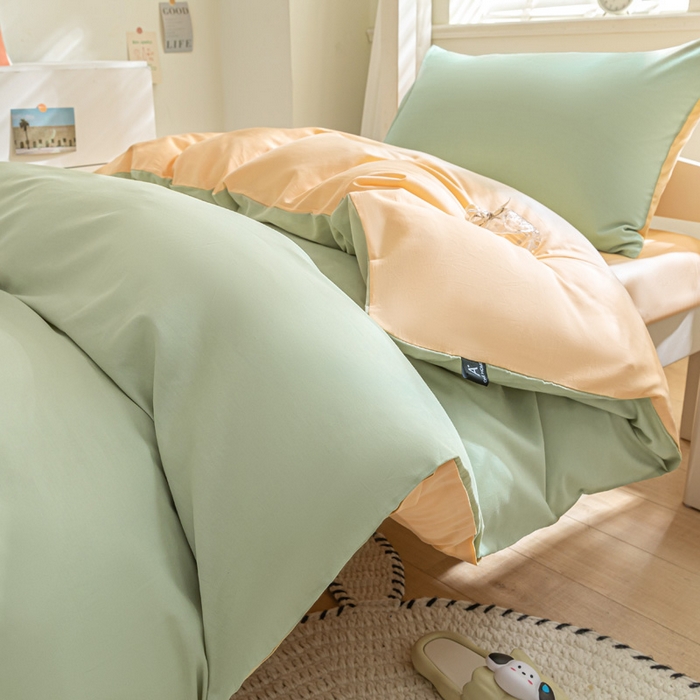 91家纺网 家纺一手货源 找家纺 涵宸家纺 2025新款全棉拼色纯色宿舍套件-米兰 米兰（月光绿+浅黄）