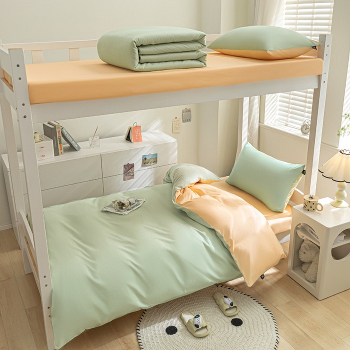 91家纺网 家纺一手货源 找家纺 涵宸家纺 2025新款全棉拼色纯色宿舍套件-米兰 米兰（月光绿+浅黄）