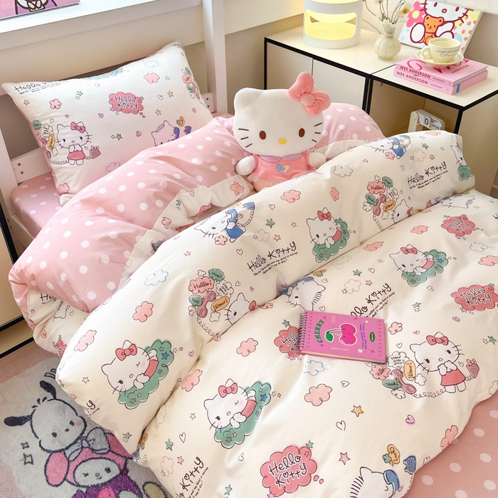 91家纺网 家纺一手货源 找家纺 暮思家居 2025新款三丽鸥授权全棉少女印花系列学生宿舍三件套四件套 甜心KT