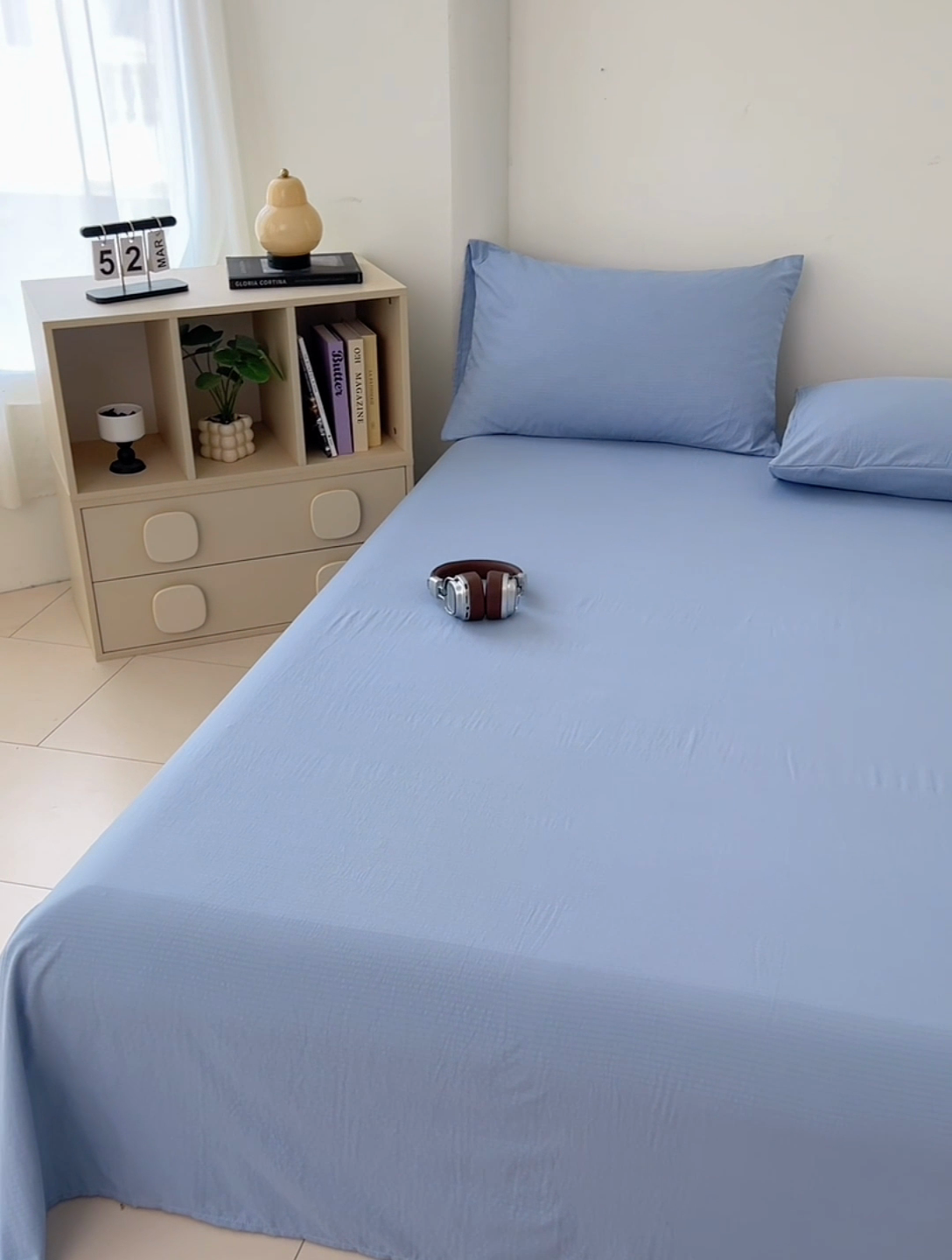 91家纺网 家纺一手货源 找家纺 卡迪熊家纺2025新款木m双层纱床单 海洋蓝