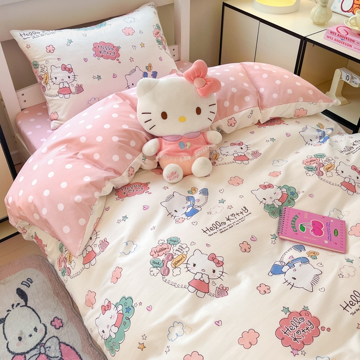 91家纺网 家纺一手货源 找家纺 暮思家居 2025新款三丽鸥授权全棉少女印花系列学生宿舍三件套四件套 甜心KT