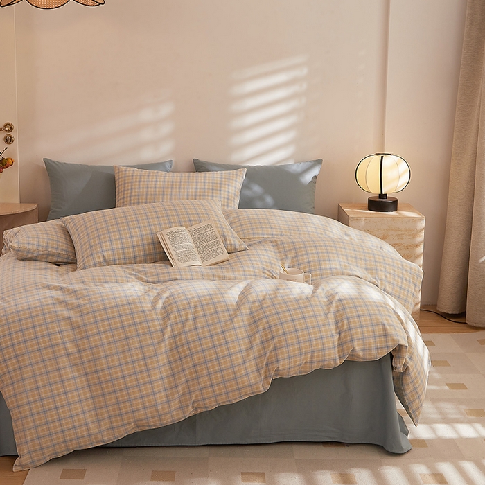 91家纺网 家纺一手货源 找家纺 DoDo 兜兜 2025新款全棉纯棉水洗棉四件套【可定做尺寸】 麦田-灰蓝