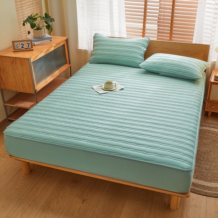 91家纺网 家纺一手货源 找家纺 雪云美2025新款全棉夹棉床笠斜纹A类纯棉床罩可定制尺寸 条纹- 绿色