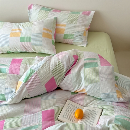 山舍家居 2025新款母婴级全棉双层皱皱纱四件套 玫莓芭乐-绿