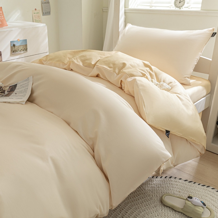 91家纺网 家纺一手货源 找家纺 涵宸家纺 2025新款全棉拼色纯色宿舍套件-米兰 米兰（香槟金+驼色）