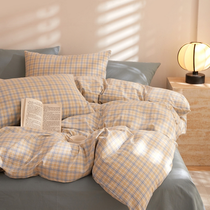 91家纺网 家纺一手货源 找家纺 DoDo 兜兜 2025新款全棉纯棉水洗棉四件套【可定做尺寸】 麦田-灰蓝