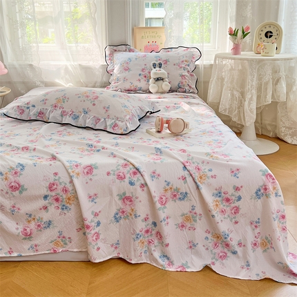 91家纺网 家纺一手货源 找家纺 圣比熊 2025新款皱皱双层纱印花床单 朝花夕拾-印花床单