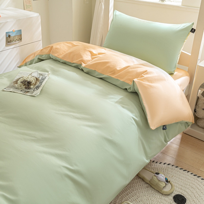 91家纺网 家纺一手货源 找家纺 涵宸家纺 2025新款全棉拼色纯色宿舍套件-米兰 米兰（月光绿+浅黄）