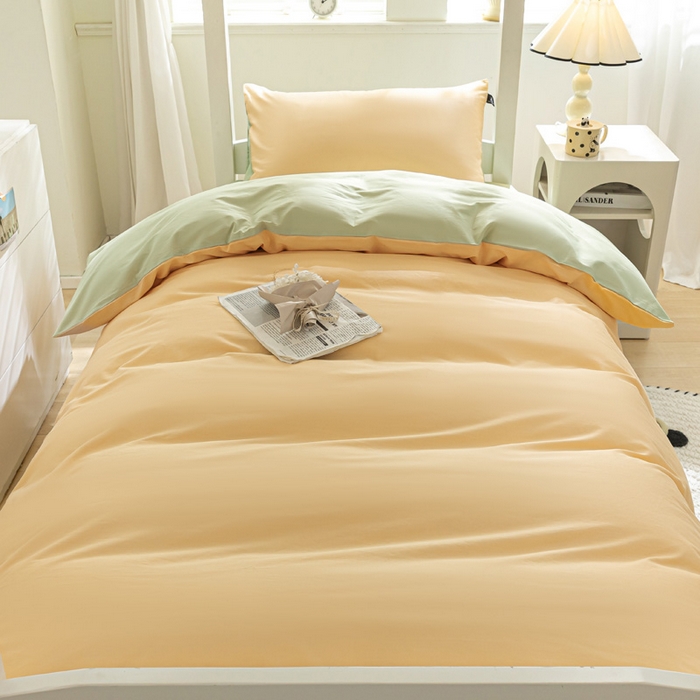 91家纺网 家纺一手货源 找家纺 涵宸家纺 2025新款全棉拼色纯色宿舍套件-米兰 米兰（浅黄+月光绿）