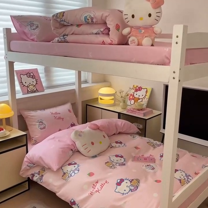 91家纺网 家纺一手货源 找家纺 暮思家居 2025新款三丽鸥授权全棉少女印花系列学生宿舍三件套四件套 kt和熊